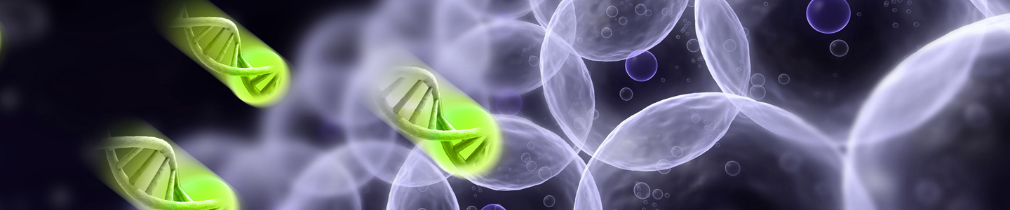 Green and purple double helix DNA.