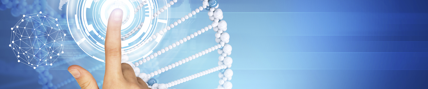 Finger pointing at blue and white DNA.