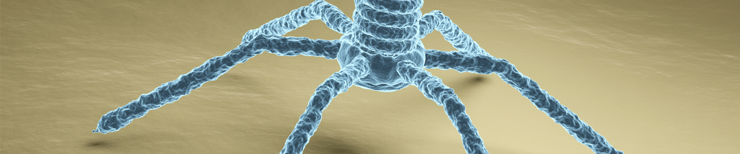 Six luminescent blue spider-like legs of a bacteriophage on a beige surface. 