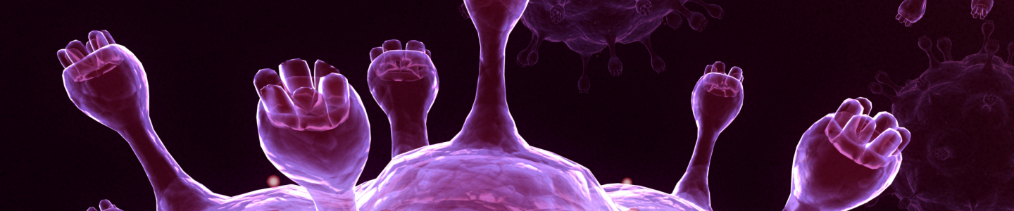 Iridescent purple sphere of the influenza virus with protruding knobby spikes