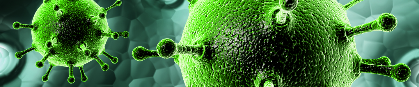 Round, floating, fluorescent green H1N1 influenza viruses covered in long protruding stems.
