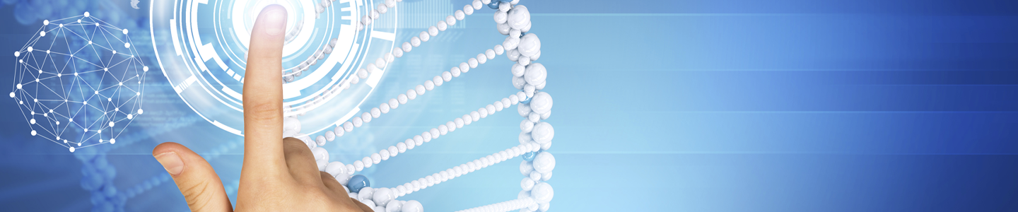 A finger pointing to a white and blue DNA double helix.