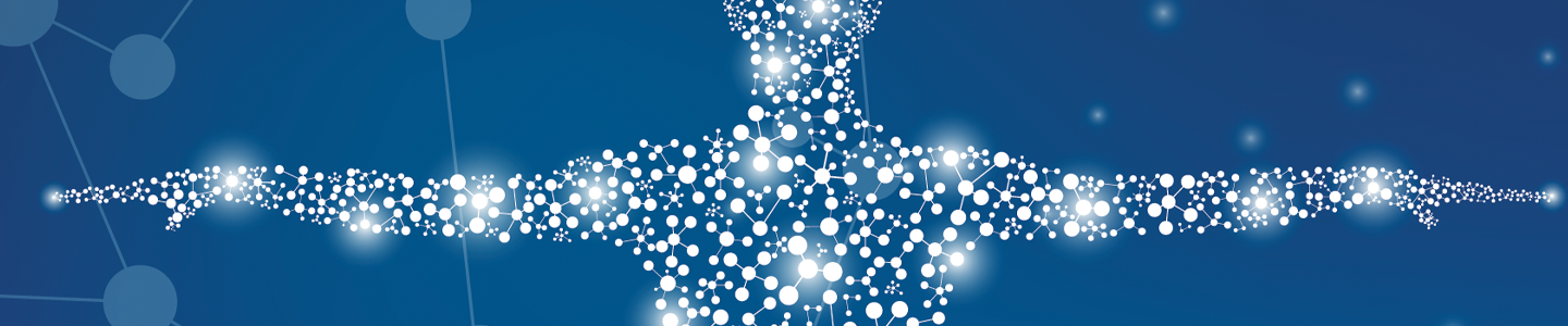 A human, female figure standing with arms outstretched made up of illuminated connecting dots with a blue background.