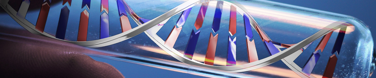 Fingers holding a test tube containing a silver, red, and blue DNA double helix.