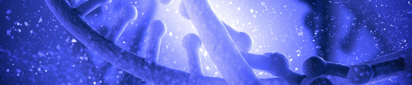 Close up of blue DNA strand floating among small blue and white particles.