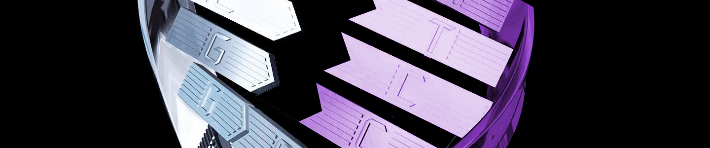 Metallic DNA strands breaking apart, with single letters A T C C in purple on separate base pairs.