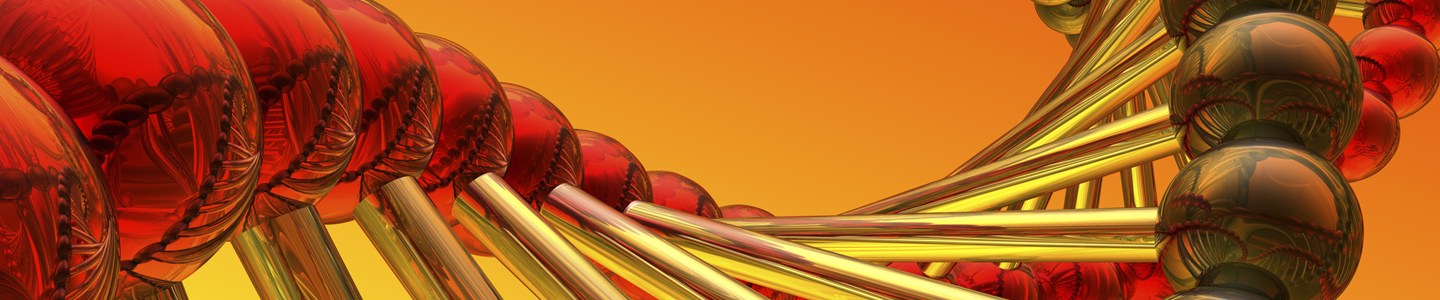 DNA strands made of dark red and brown balls on the sides and gold rods in the middle.