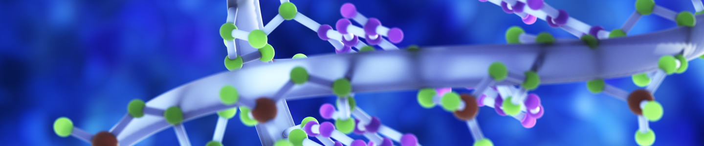 DNA strand with light green and purples particles attached.