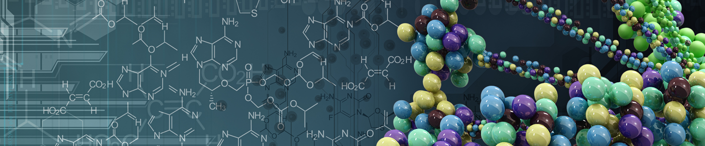 DNA strand made of blue, green, yellow balls.
