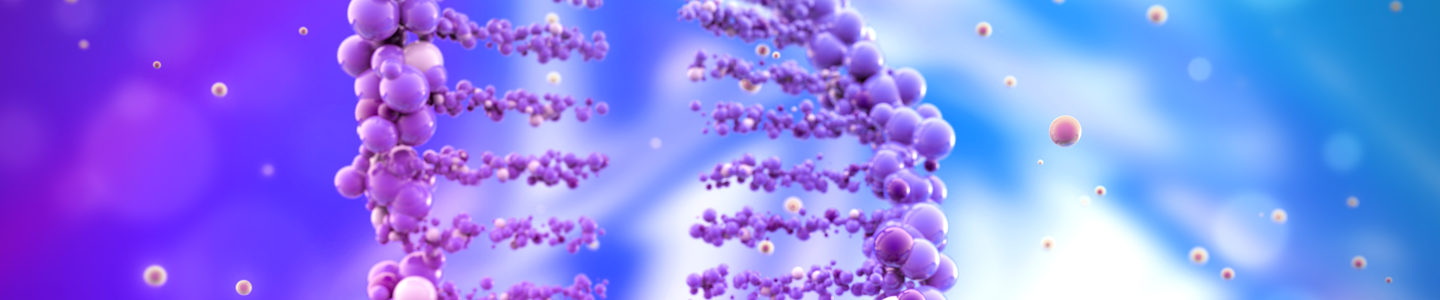Broken DNA helix made of purple balls.