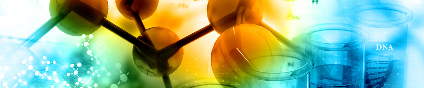 Abstract graphic of molecules made of orange and blue balls, and clear tubes containing DNA strands.