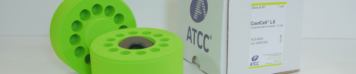 Lid and base of open green cryopreservation container showing 12 empty vial wells and alloy core, next to white box labeled CoolCell LX, ATCC printed on the side.