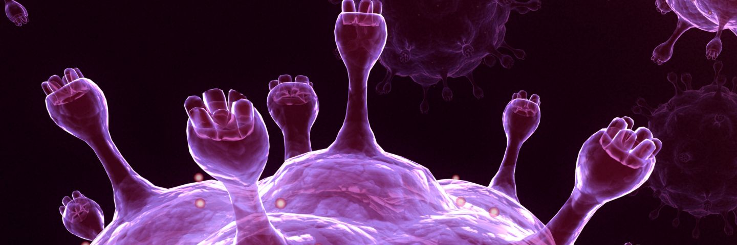 Iridescent purple sphere of the influenza virus with protruding knobby spikes