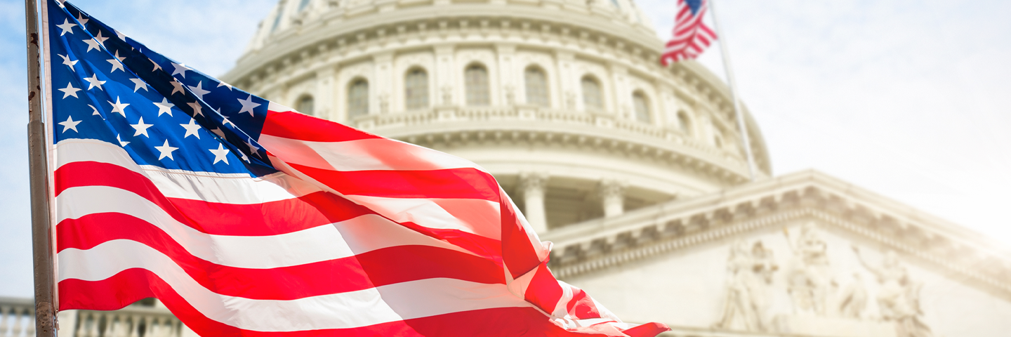 Large American flag and the US Capitol building and smaller flag in the background.