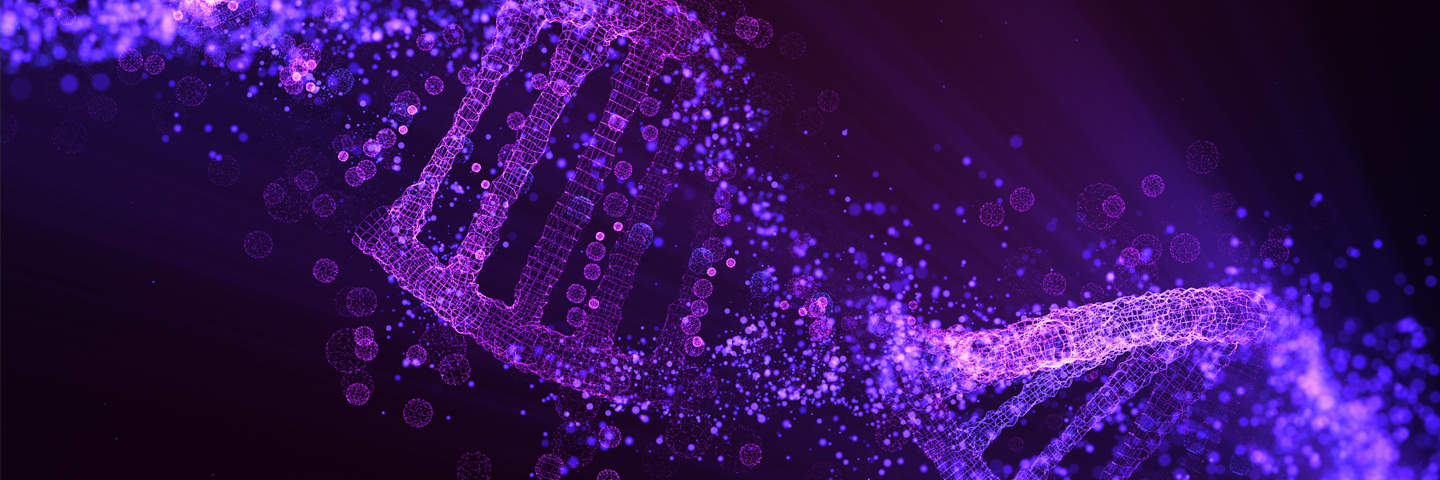 Purple, fragmented DNA double helix strand on a black background.