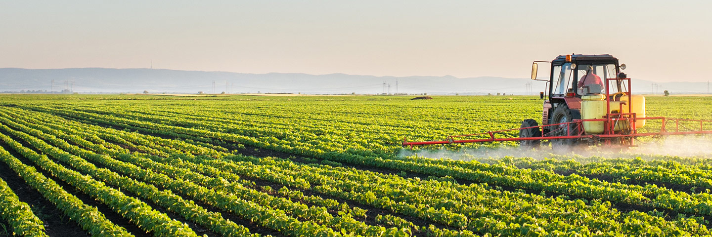 A red tractor spraying rows of green soybean plants with hills in the distance.