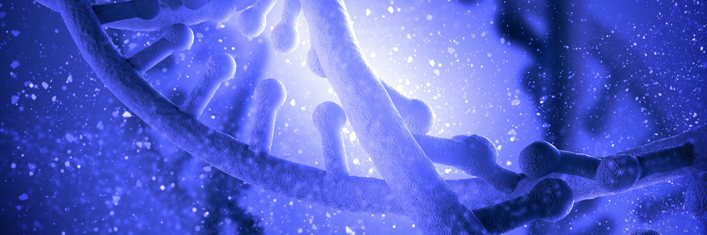 Close up of blue DNA strand floating among small blue and white particles.