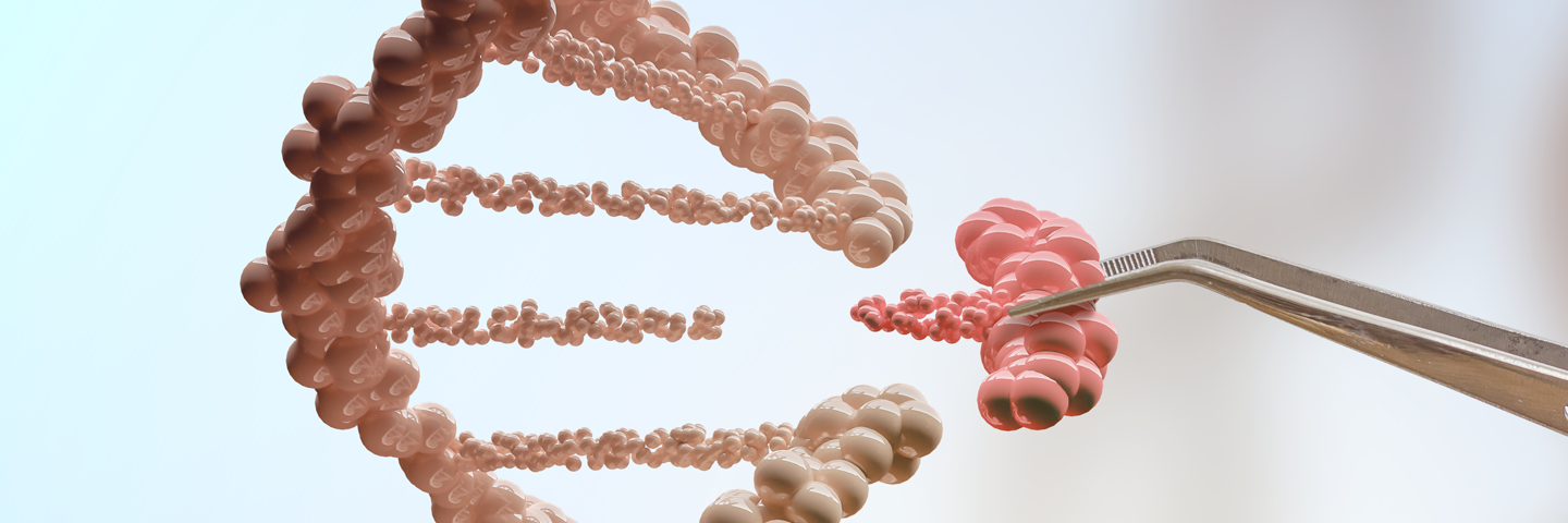Hand holding pincers replacing part of a DNA molecule on a DNA strand.