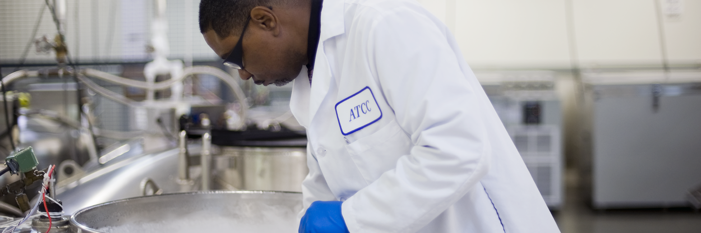 ATCC scientist wearing lab coat, safety glasses, and gloves, with hands in vapor in cryopreservation tank.