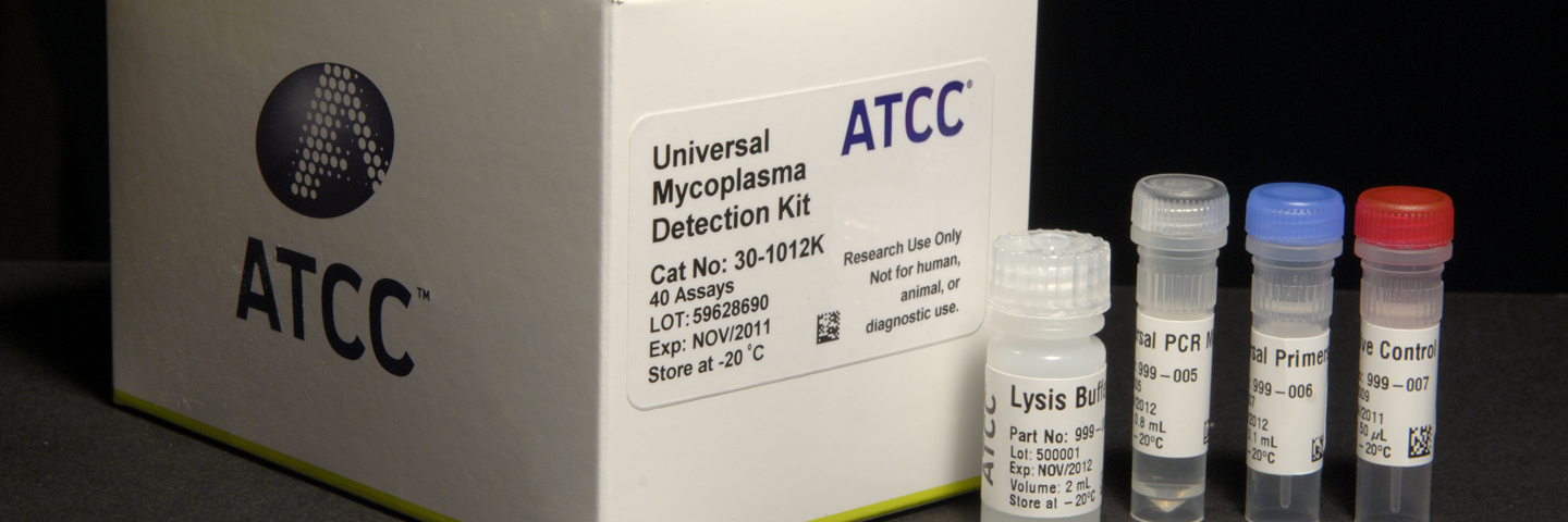 White box with ATCC printed on the side, labeled "universal mycoplasma detection kit," with capped vials next to it.