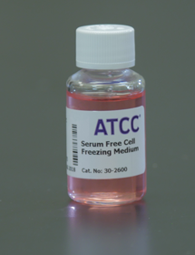 Capped and labeled bottle containing pink media, ATCC product: serum free cell freezing medium.