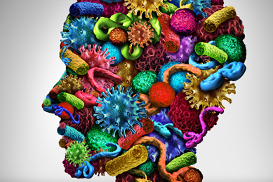 Microbes and bacteria in bright colors combined to form the shape of a human head. Illustration. 
