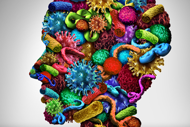 Microbes and bacteria in bright colors combined to form the shape of a human head. Illustration.