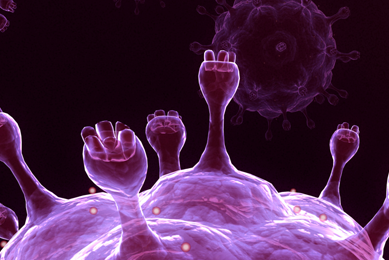 Iridescent purple sphere of the influenza virus with protruding knobby spikes
