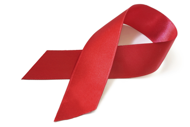 Red AIDS ribbon on a white background.