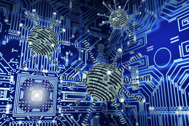 Illustration of black and white computer virus spheres with probes and a blue circuit board background.