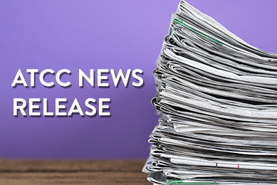 Stack of newspapers with text on a purple background that says ATCC News Releases.