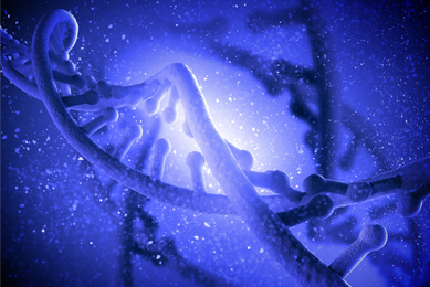 Close up of blue DNA strand floating among small blue and white particles.