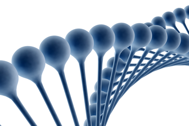 Blue DNA strand with sides made of dark blue balls.