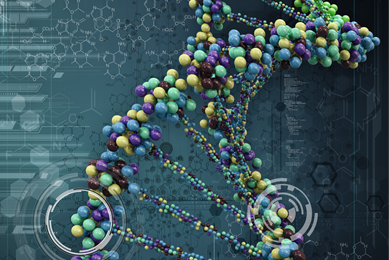 DNA strand made of blue, green, yellow balls.