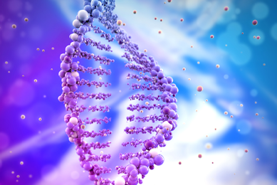 Broken DNA helix made of purple balls.