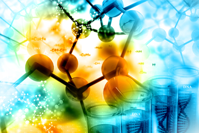 Abstract graphic of molecules made of orange and blue balls, and clear tubes containing DNA strands.