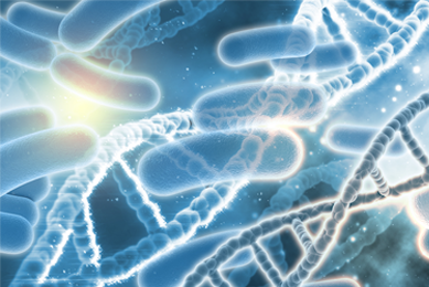 Blue DNA helix near floating translucent blue rods.