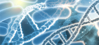 Blue DNA helix near floating translucent blue rods.