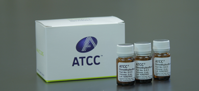 White box with ATCC printed on the side, 3 small capped, labeled bottles of dimethylsulfoxide lined up in front of box.