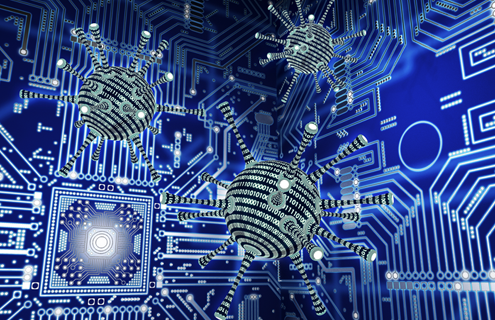 Illustration of black and white computer virus spheres with probes and a blue circuit board background.