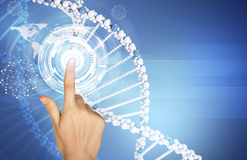 A finger pointing to a white and blue DNA double helix.