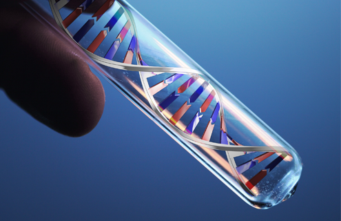 Fingers holding a test tube containing a silver, red, and blue DNA double helix.
