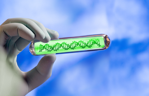 Hand holding clear tube that contains DNA strand in neon green substance.
