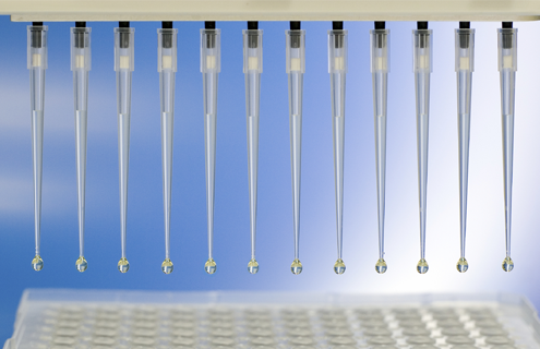 Row of pipettes over a well plate.