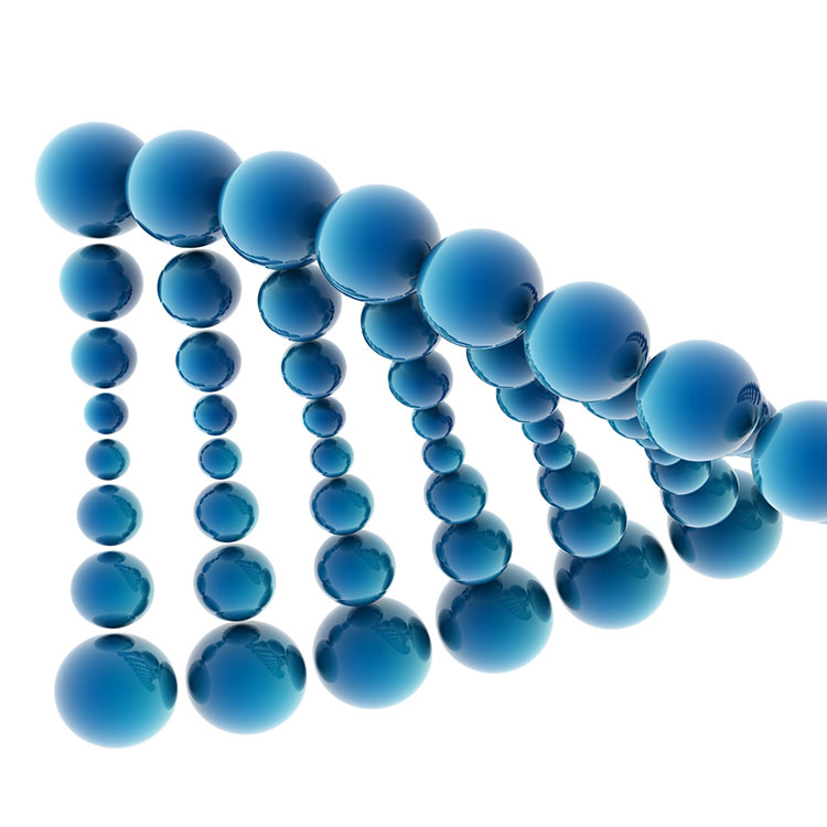 dna-sequence-blue-horizontal DNA helix strand made of various sized blue balls.