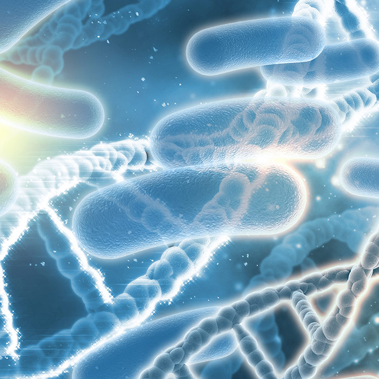 dna-helix-rods Blue DNA helix near floating translucent blue rods.