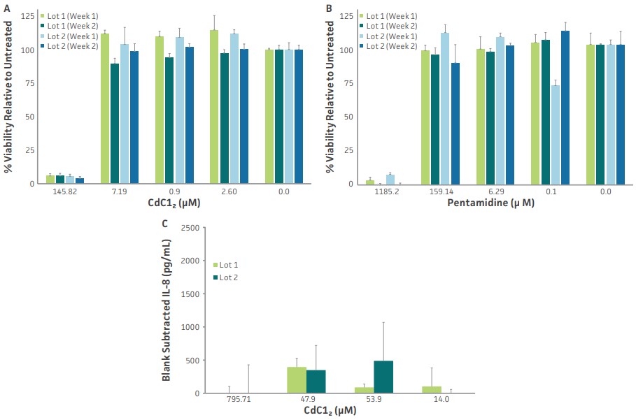 Changes in viability in airway models exposed to either (A) CdCl₂ or (B) pentamidine for 1 and 2 weeks, (C) as well as cytokine  expression following 1 week administration of CdCl₂