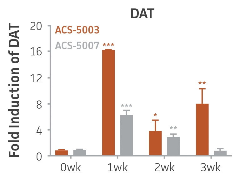 Bar chart labeled Fold Induction of DAT